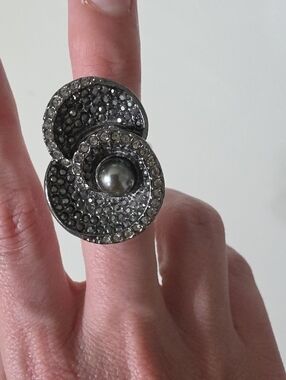 Lia Sophia Silver-Tone Crystal Swirl Cocktail Ring with Gray Pearl